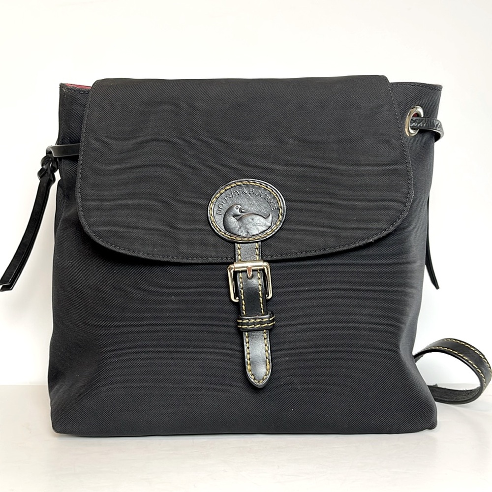 Dooney & Bourke Nylon flap backpack, black and pink w/gold stitching